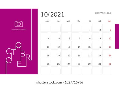 Neujahr 2021 Desktop-Kalenderplaner 10 Monate Oktober Modernes Line-Design-Vorlage rosafarbener Hintergrund