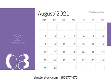 New Year 2021 Desk Calendar Planner 08 month August modern black light typography line design template purple background