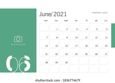 New Year 2021 Desk Calendar Planner 06 month June modern black light typography line design template sea green background