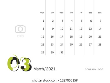 Nuevo año 2021 Calendario de escritorio 03 mes marzo moderno verde futurista abstracto tipografía de luz negra fondo blanco