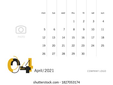 New Year 2021 Desktop Calendar 04 month April modern yellow orange futuristic abstract black light typography white background