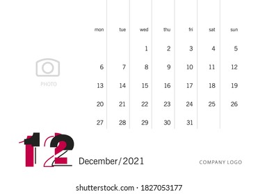New Year 2021 Desktop Calendar 12 month December modern red futuristic abstract black light typography white background