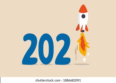 New year 2021 economic recovery, launching new project or FED and government financial stimulus concept, calendar year number 2021 with launching business rocket on number one.