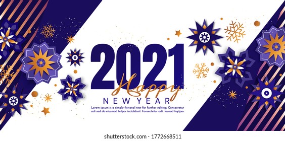 Año Nuevo 2021.  Fondo vectorial festivo con elementos decorativos y números. Diseño para tarjeta de saludo, banner publicitario, volante, tarjeta de invitación.