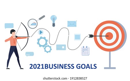 New year 2021 goals Businessman leader archer aiming shooting at a target. Business achievement focus consept successful. Vector illustration isolated banner poster