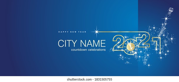 New Year 2021 Gold Clock Firework Midnight Countdown Celebrations Blue Background Ticket Banner