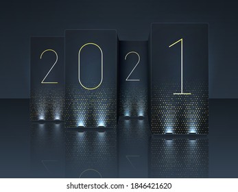 New Year 2021. Gold numbers on illuminated columns. Vector illustration.