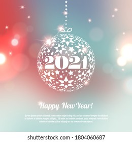 New Year 2021 Greeting Card with ball in minimalistic style. Colorful bokeh abstract background with circles of light. Invitation with place for text message. Vector illustration.