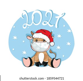 New year 2021, greeting card with a bull wearing a medical mask, merry christmas during the coronavirus pandemic. Flat cartoon design. Baby bull isolated on white background