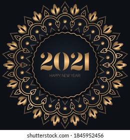 New year 2021 greeting illustration. Gold floral ornament on black background.