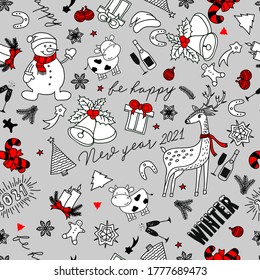New year 2021 hand drawn outline festive seamless pattern with snowflakes, christmas balls, deers and cow on gray background. Vector illustration.