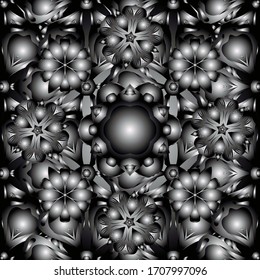 New Year 2021 holiday decoration. Fan shaped Christmas silver. Vector abstract seamless pattern with silver geometrical elements. Silver stylized stars on a black, white and gray background.