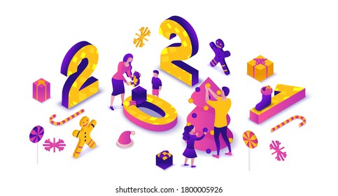 New year 2021 isometric 3d illustration, happy family celebrating winter holiday party, christmas event concept, parents, children decorating tree, gift icon, cartoon people together, purple color