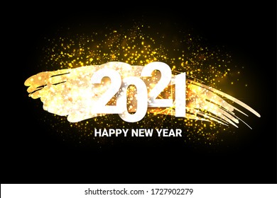 New Year 2021 logo text design with gold brush stroke. Paper style.