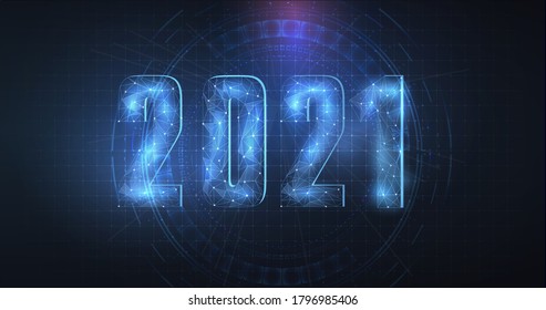 New Year 2021 made by points and lines, polygonal wireframe on the background of HUD technology. Futuristic digital number. Low poly greeting card. Vector illustration