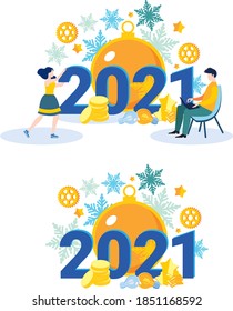 The new year is 2021. Modern flat illustration. Preparing for the new year. Corporate party celebration. Calleries are working. A big Christmas tree toy with small people.