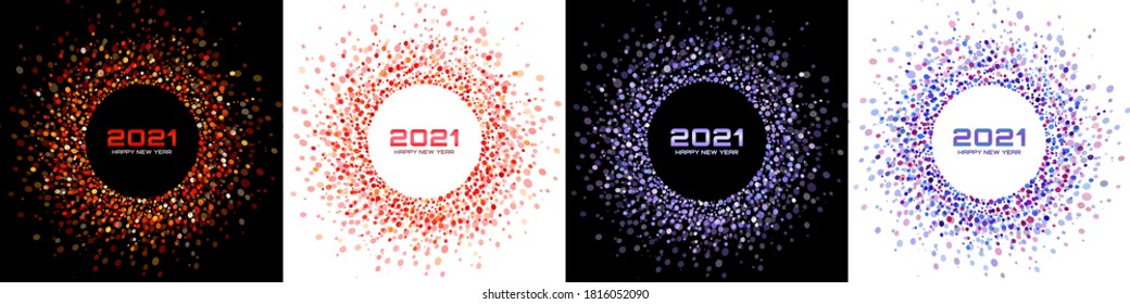 New Year 2021 night background party set. Greeting cards. Bright glitter paper confetti. Glistening festive lights. Glowing circle frame, happy new year wishes. Christmas circle backdrops. Vector 