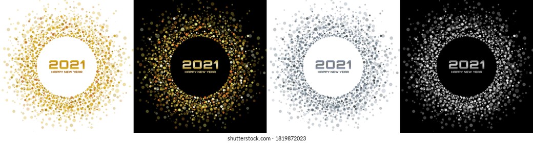 New Year 2021 night background party set. Greeting cards. Gold glitter paper confetti. Glistening silver festive lights. Glowing circle frame happy new year wishes. Christmas gold collection. Vector 