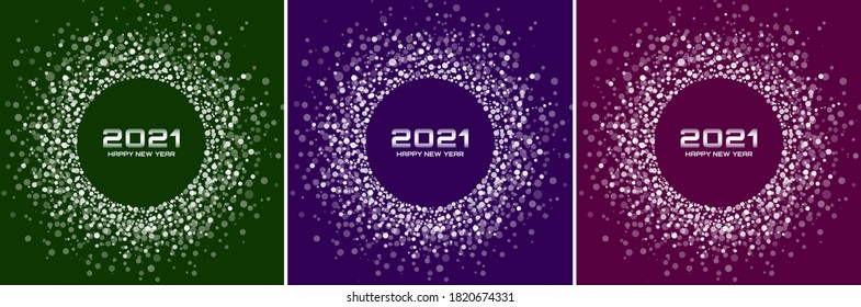 New Year 2021 night background party set. Greeting cards. White glitter paper confetti. Glistening bright festive lights. Glowing circle frame. Happy new year wishes. Christmas vibrant frames. Vector 