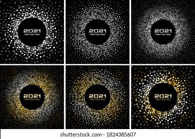 New Year 2021 night background party set. Greeting cards. Gold glitter paper confetti. Glistening silver festive lights. Glowing circle frame happy new year wishes. Christmas gold collection. Vector 