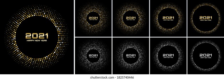 New Year 2021 night background party set. Greeting cards. Gold glitter paper confetti. Glistening silver festive lights. Glowing circle frame happy new year wishes. Christmas gold collection. Vector 