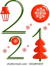 New year 2021, number design. Vector image,  isolated on white background, idea for greeting card, invitation, calendar, etc.