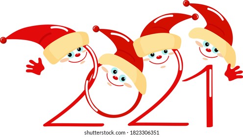 New year 2021 number design. Numbers in Santa hats, cartoon characters. Vector images, isolated on white background, idea for greeting card, invitation, ect.