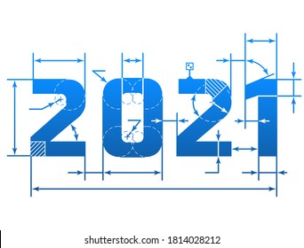 New Year 2021 number with dimension lines. Element of blueprint drawing in shape of 2021 year