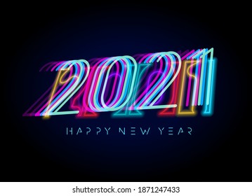 New Year 2021 numbers for digital display design. Neon lighting poster for party, event, invitations and calendars in cyberpunk, rave, popular futuristic style, ui and hud. Vector illustration.