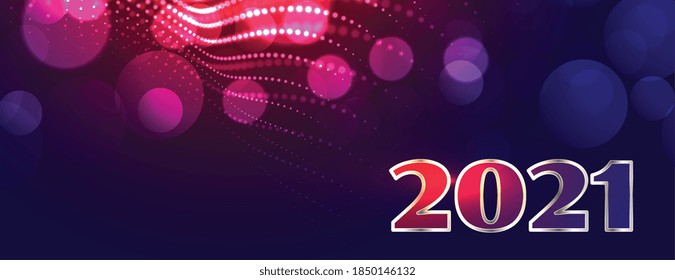 New year 2021 on blue bokeh glowing light effect