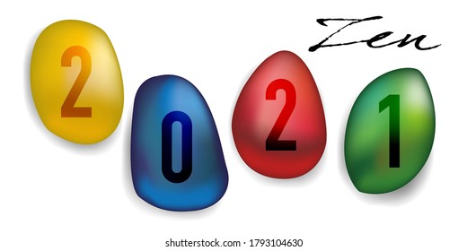 New year 2021 on the concept of the zen spirit, with the image of four colored pebbles which symbolize relaxation.