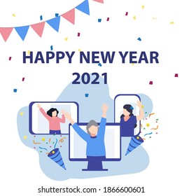 New year 2021 online party. People celebrating new year 2021, happy friends on video chat.