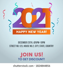 new year 2021 party announcement facebook post banner or template in purple and orange colour on cyan background. happy new year 2021. 2021 number sign.