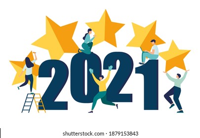 New year 2021, rating and assessment, perspectives and plans, people are decorating, vector illustration
