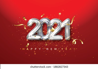 New Year 2021 with red background and golden fireworks vector.