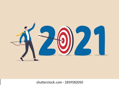 New Year 2021 Resolution, Business Strategy Plan And Goal Achievement, Financial Target For Calendar Year Concept, Confidence Businessman Leader Shot Archer Arrow Hitting Bull Eyes Of Target Year 2021