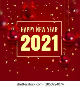 New Year 2021. Royal elegant red template with red Christmas ball and confetti with a sparkle. Concept for poster of greeting card. Rich, VIP, luxury Gold and soft color. Vector illustration. EPS