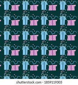 Año Nuevo 2021. Patrón vectorial sin soldadura sobre papel elástico, fondo, regalos de árbol de Navidad 
