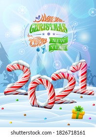 New Year 2021 in shape of candy stick in snow. Winter landscape with candies, gift box, congratulation