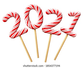 New Year 2021 in shape of candy on wooden stick. Year number of striped peppermint lollipops