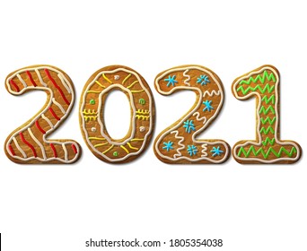 New Year 2021 in shape of gingerbread isolated on white. Year number as cookies