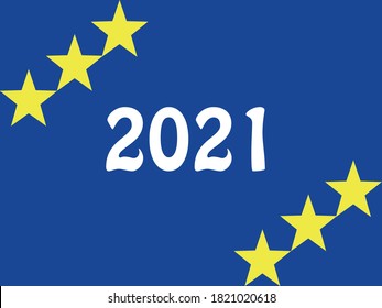 Año Nuevo 2021 simple fondo con estrella amarilla, fondo azul y números. Plantilla de presentación, impresión de arte minimalista, tarjeta de navidad, cartel, afiche. 