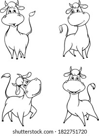 New year 2021 symbol. Comical ox cartoon character. Collection of cute cow with various posing. Set of funny bull vector Illustration isolated on white background. Coloring book pages for kids