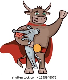 New Year 2021 symbol ox with died rat
Kind bull superhero helps mouse with corona virus