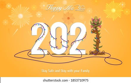 New Year 2021 Template. 3D looking letter with decorated tree in the end.
