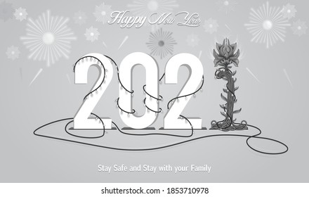 Plantilla de Año Nuevo 2021. Letra 3D con un árbol decorado al final (versión de escala de grises).