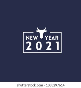 New Year 2021 text template in white square with buffalo head silhouette isolated on dark background