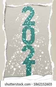 New year 2021 vector banner design. Minimalistic 2021 poster template. Old Glued paper placard with torned edge. Happy new year greeting or invitation card. Wrinkled paper effect. Creased,crumpled