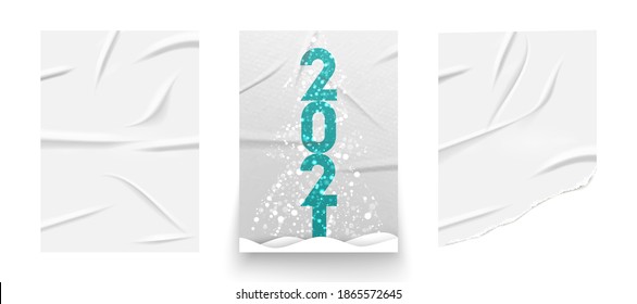 New year 2021 vector banner design. Minimalistic 2021 poster template. Old Glued paper placard torned edge. Happy new year greeting or invitation card. Wrinkled paper effect. Creased,crumpled style. 