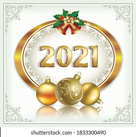 Año Nuevo 2021. Diseño vectorial de oval dorado con copos de nieve, bolas y campanas en un marco decorativo con patrón